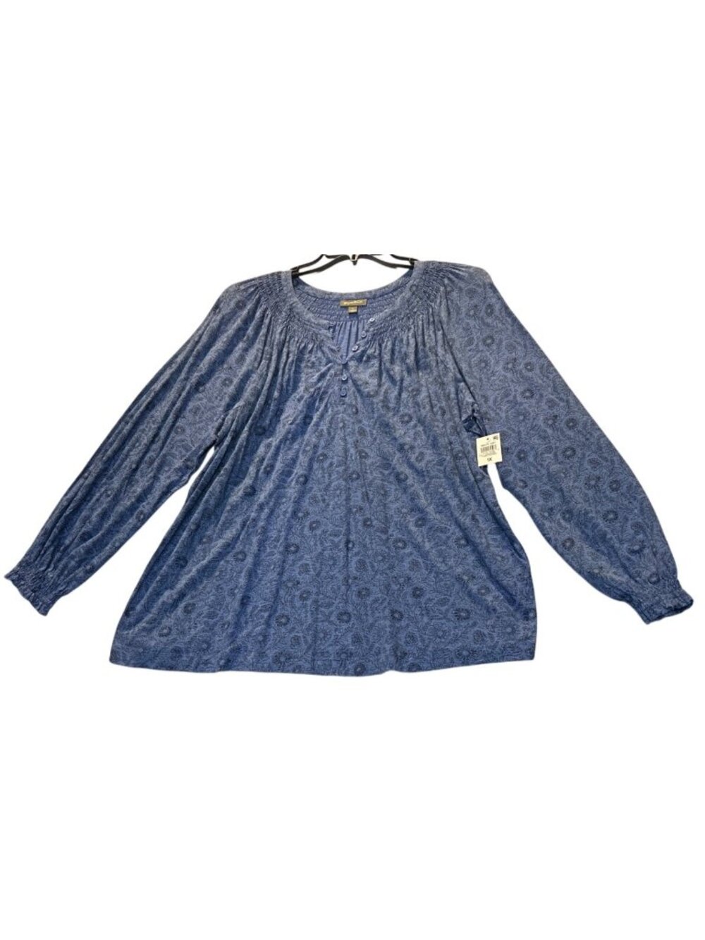 Style & Co Womens Size 1X Blue Smock Knit Top Floral Long Sleeve Boho Style